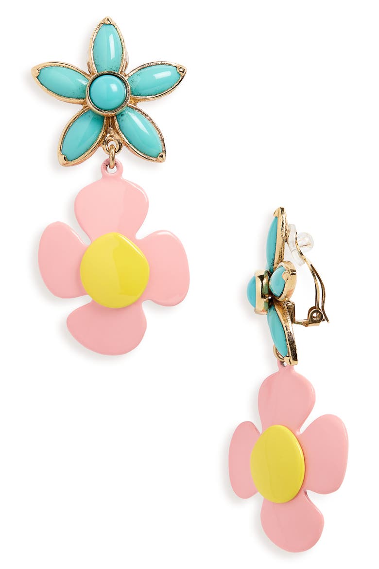 Floral Drop Clip Earrings, Main, color, DORE/ BLEU/ JAUNE/ ROSE