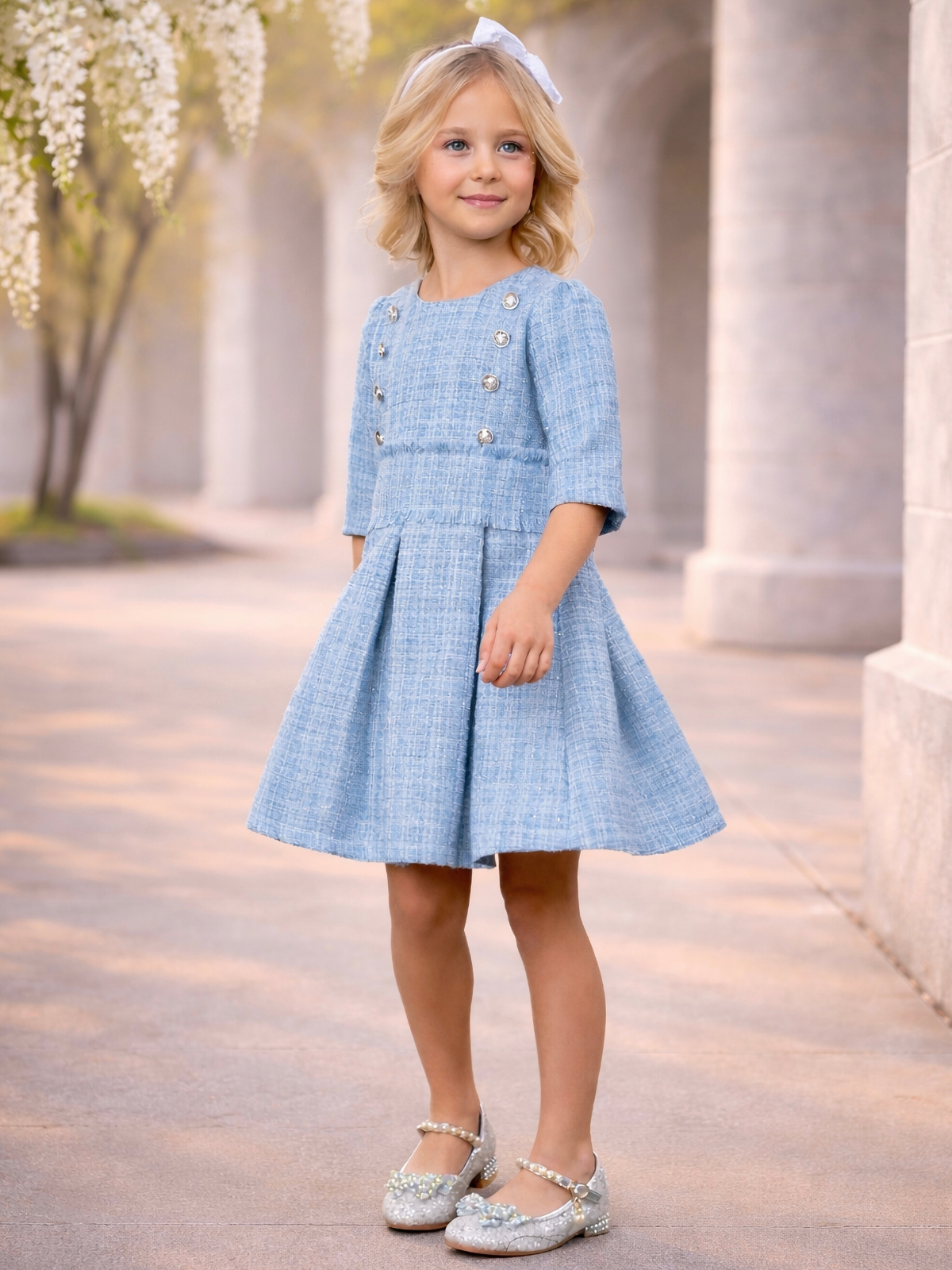 Mia Belle Girls Bluebell Pearl Button Tweed Party Dress | Nordstrom