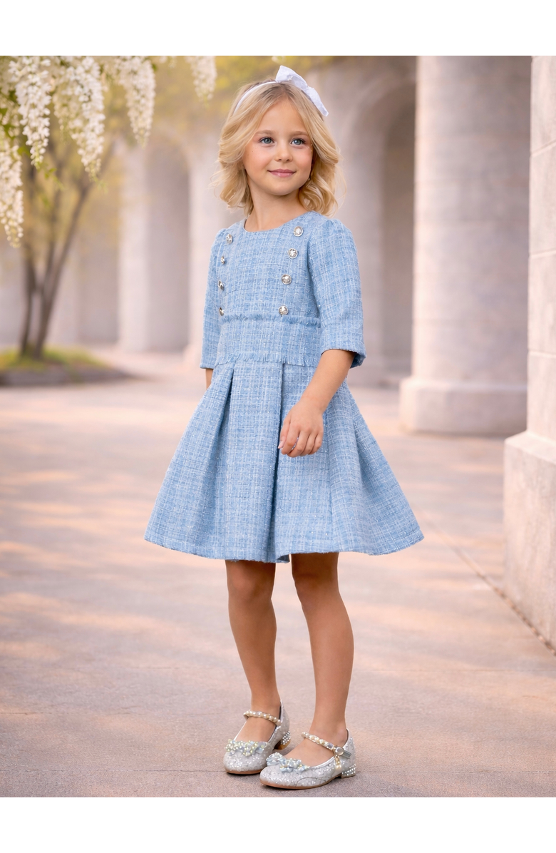 Mia Belle Girls Bluebell Pearl Button Tweed Party Dress, Alternate, color, Blue