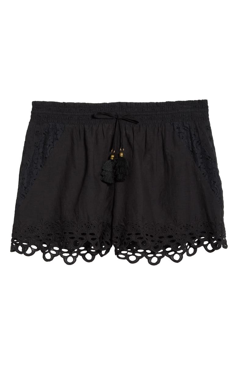 Ramy Brook Diane Eyelet Embroidered Cotton Drawstring Shorts, Alternate, color, Black