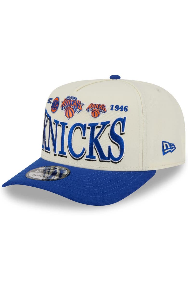 New Era Men's New Era Cream/Blue New York Knicks 2026 NBA All-Star Game Stretched Text 9FIFTY A-Frame Snapback Hat, Main, color, 