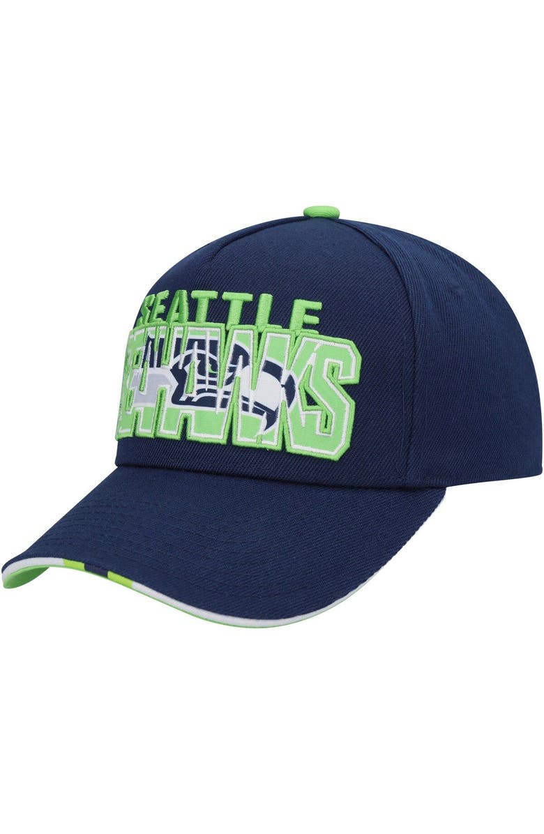 Outerstuff Youth College Navy Seattle Seahawks On Trend Precurved A-Frame Snapback Hat, Main, color, 