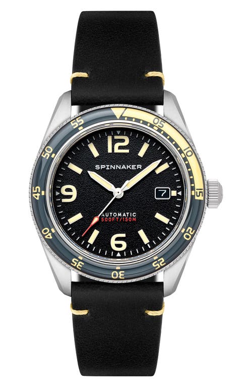 SPINNAKER Fleuss Automatic Leather Strap Watch, 43mm in Grey at Nordstrom