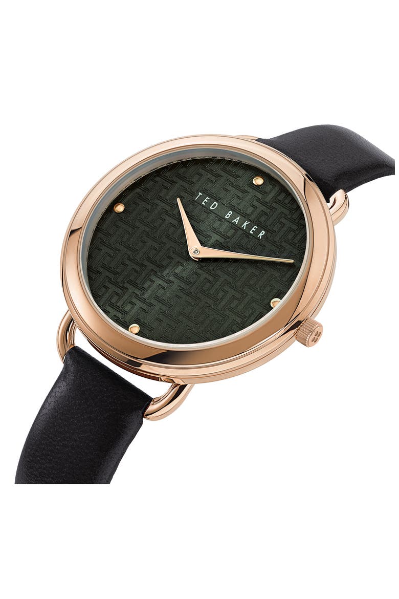 Hettie Leather Strap Watch, 37mm, Alternate, color, BLACK/ GREEN/ ROSE GOLD
