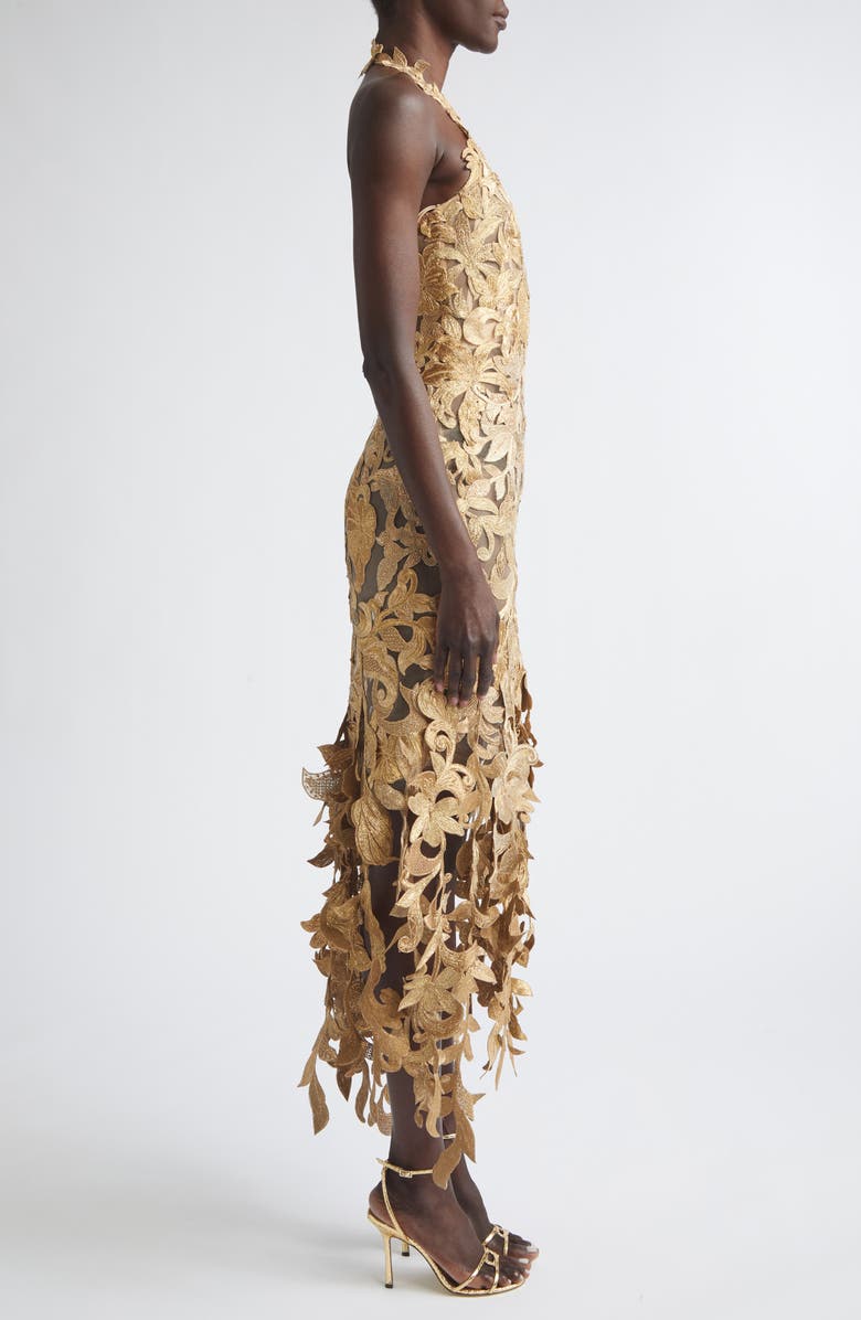 Oscar de la Renta Floral Metallic Corded Lace Halter Cocktail Dress, Alternate, color, Oyster