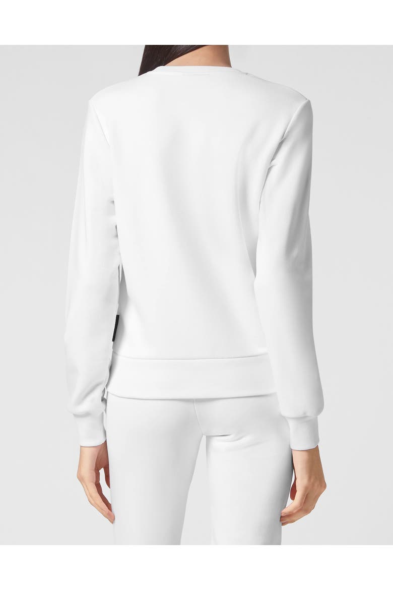 Stretch Cotton Fleece Crewneck Sweatshirt With Foil Logo, Relaxed Fit Athletic Pullover Women, Alternate, color, white