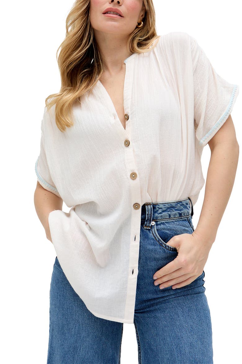Juneeta Crop Sleeve Button Down Shirt, Alternate, color, Cream