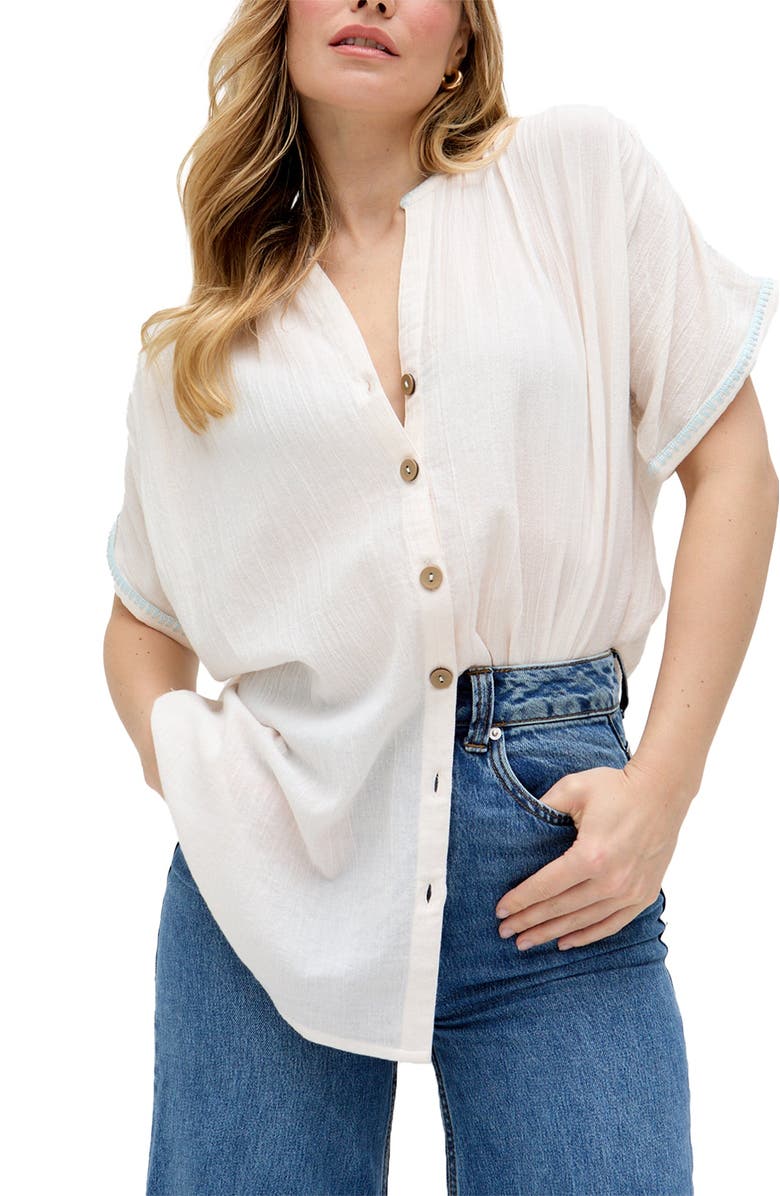 Raffya Juneeta Crop Sleeve Button Down Shirt, Alternate, color, Cream