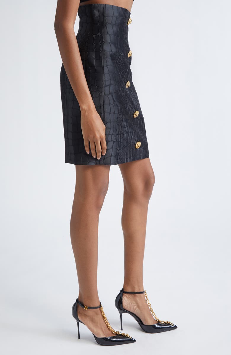 Balmain High Waist Crocodile Jacquard Skirt, Alternate, color, Black