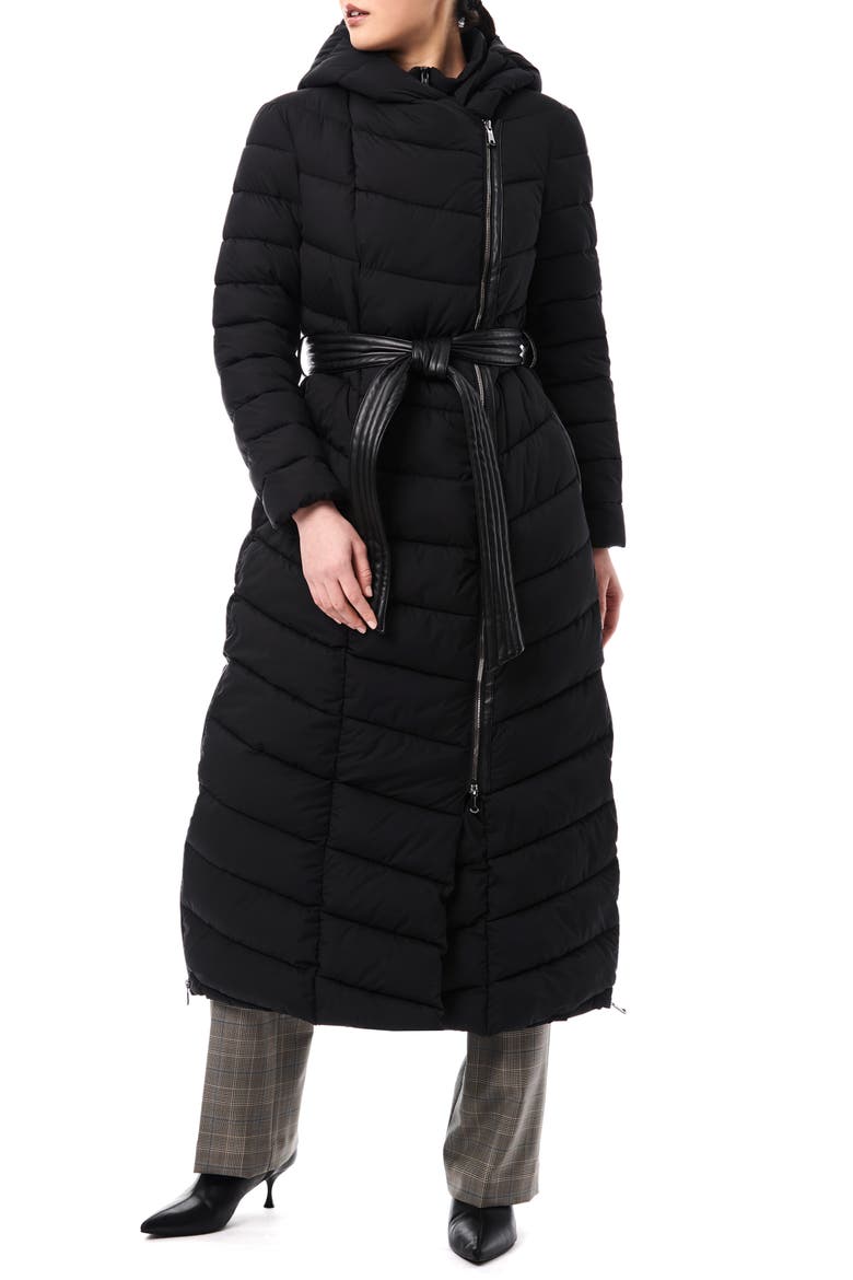Belted Longline Hooded Puffer Jacket with Removable Bib, Main, color, BLACK