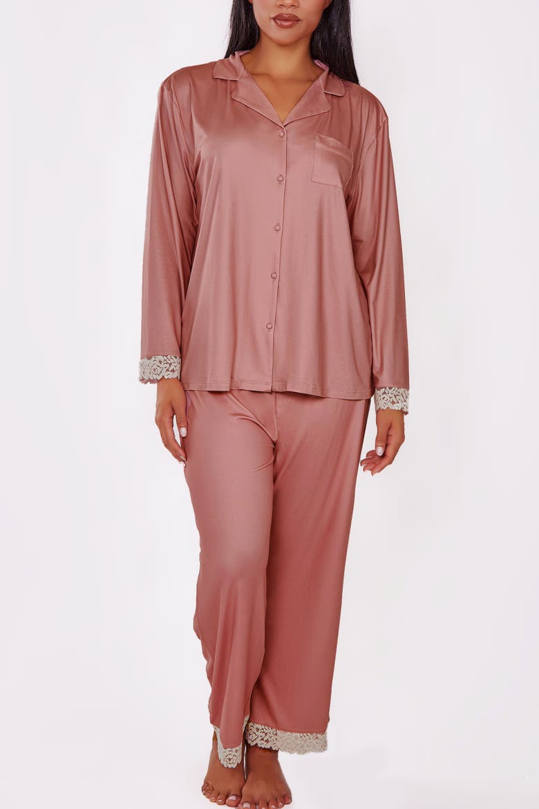 Lace-Trimmed Brushed Knit Pajama Set, Main, color, Mauve