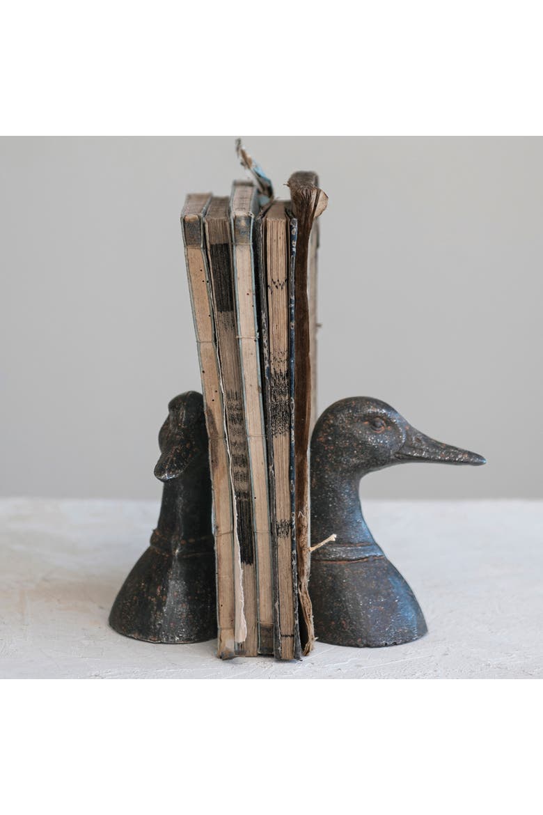 Decorative Distressed Cast Metal Duck Head Bookends, Black, Alternate, color, Brown