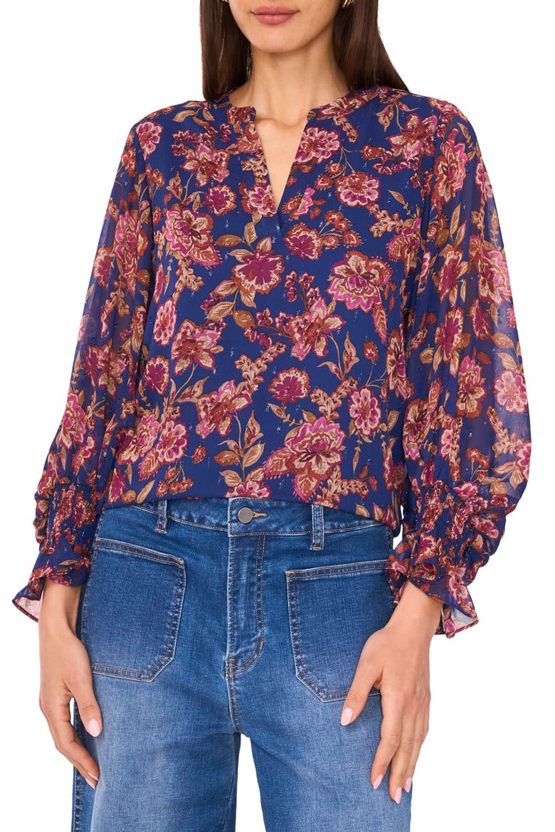 Floral Split Neck Top, Main, color, DEEP SKY