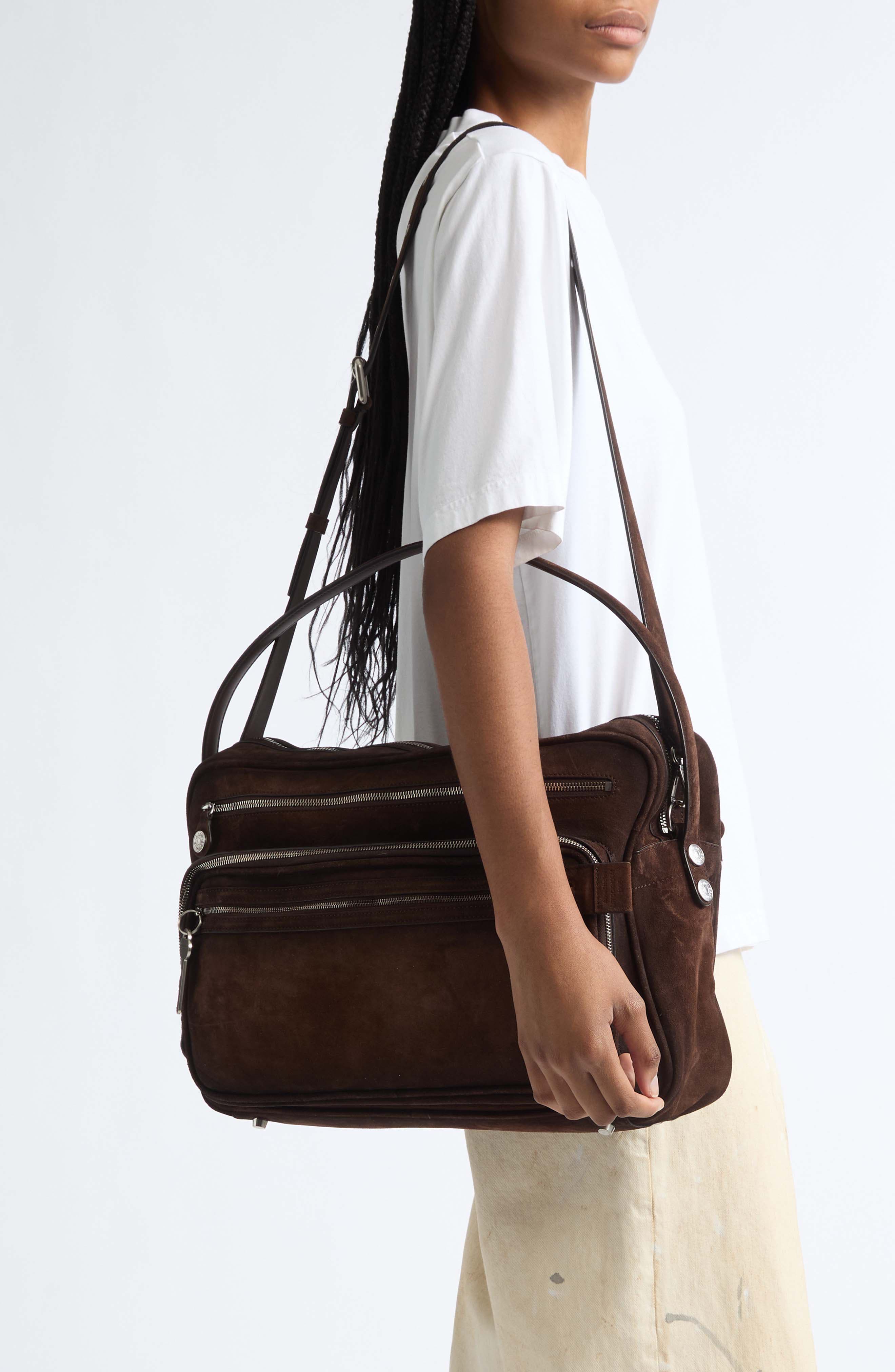 Camero Camera Suede Shoulder Bag, Alternate, color, DARK BROWN