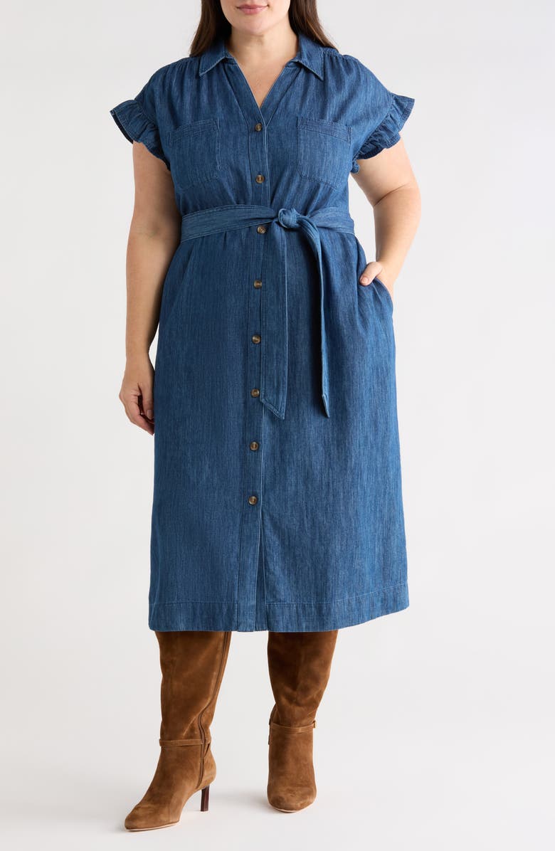 Caslon<sup>®</sup> Flutter Sleeve Tie Waist Denim Midi Dress, Main, color, Dark Wash