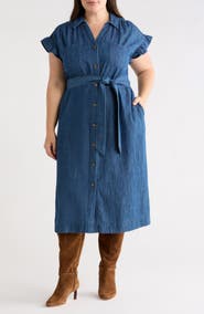 Caslon® Flutter Sleeve Tie Waist Denim Midi Dress