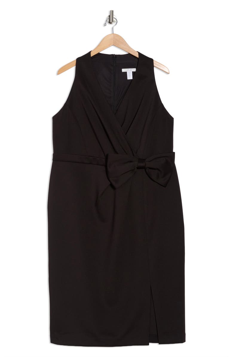 London Times Techno Bow Surplice Scuba Knit Dress, Alternate, color, Black