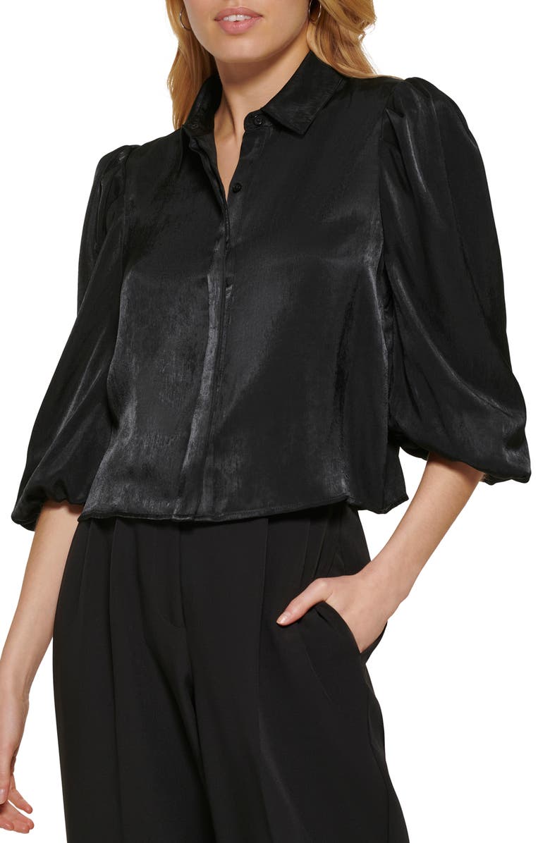 DKNY Puff Sleeve Crop Satin Blouse, Main, color,