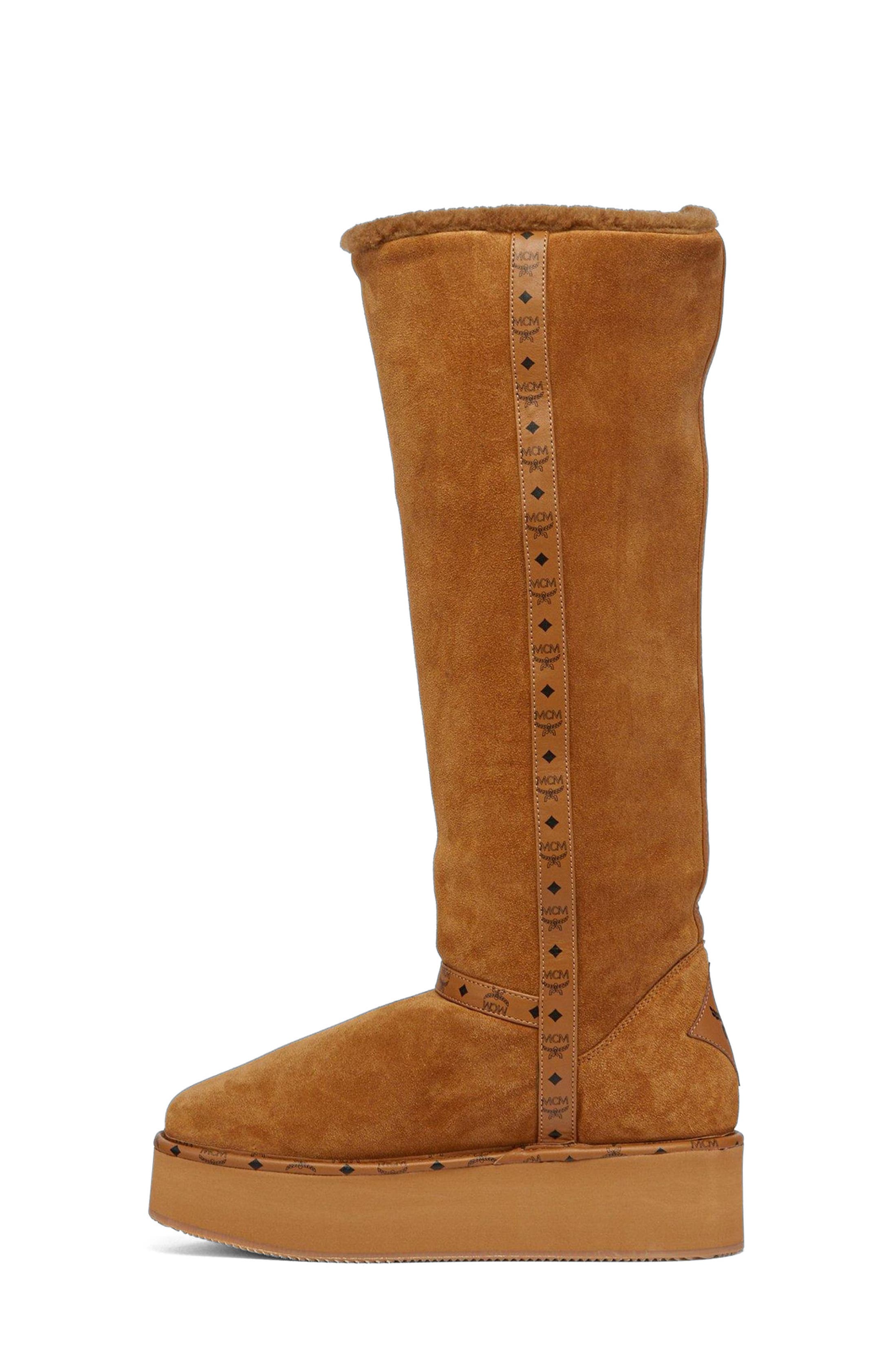 MCM Women's Boots in Calfskin Suede Leather, Alternate, color, Cognac