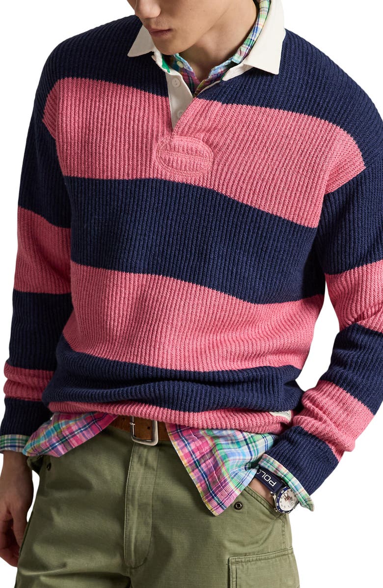 Polo Ralph Lauren Stripe Linen & Cotton Rugby Sweater, Main, color, Navy Pink Combo