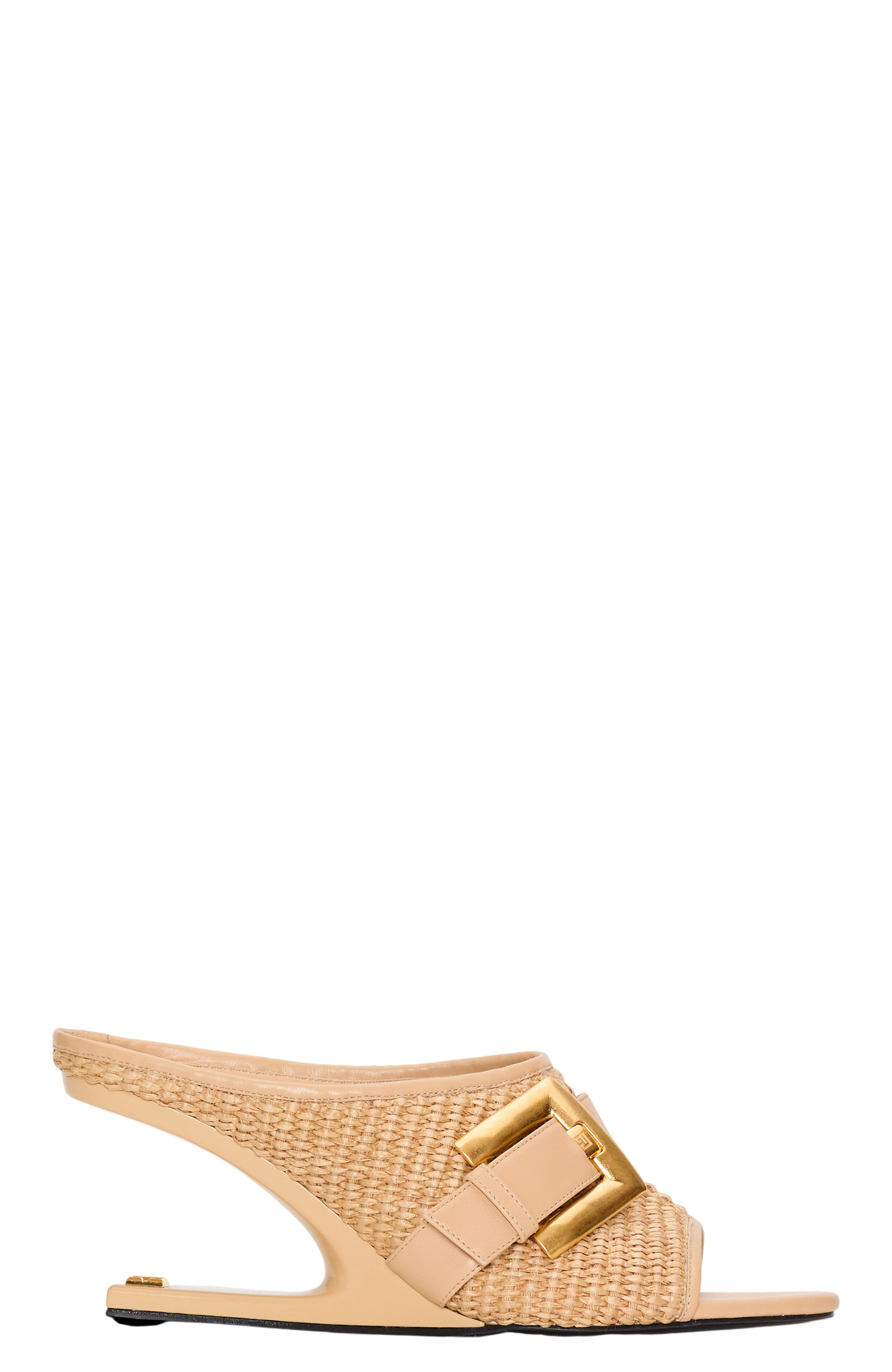 Balmain Anthem No Wedge mules in smooth leather and raffia, Alternate, color, Beige