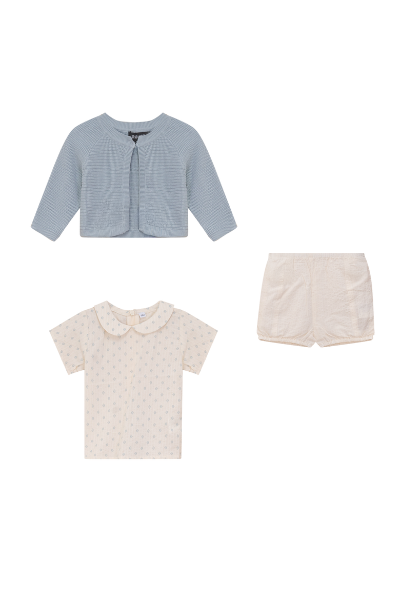 Printed Gauze 3 Piece Short Sleeve Top, Cardigan and Shorts Set, Main, color, Cream/Blue