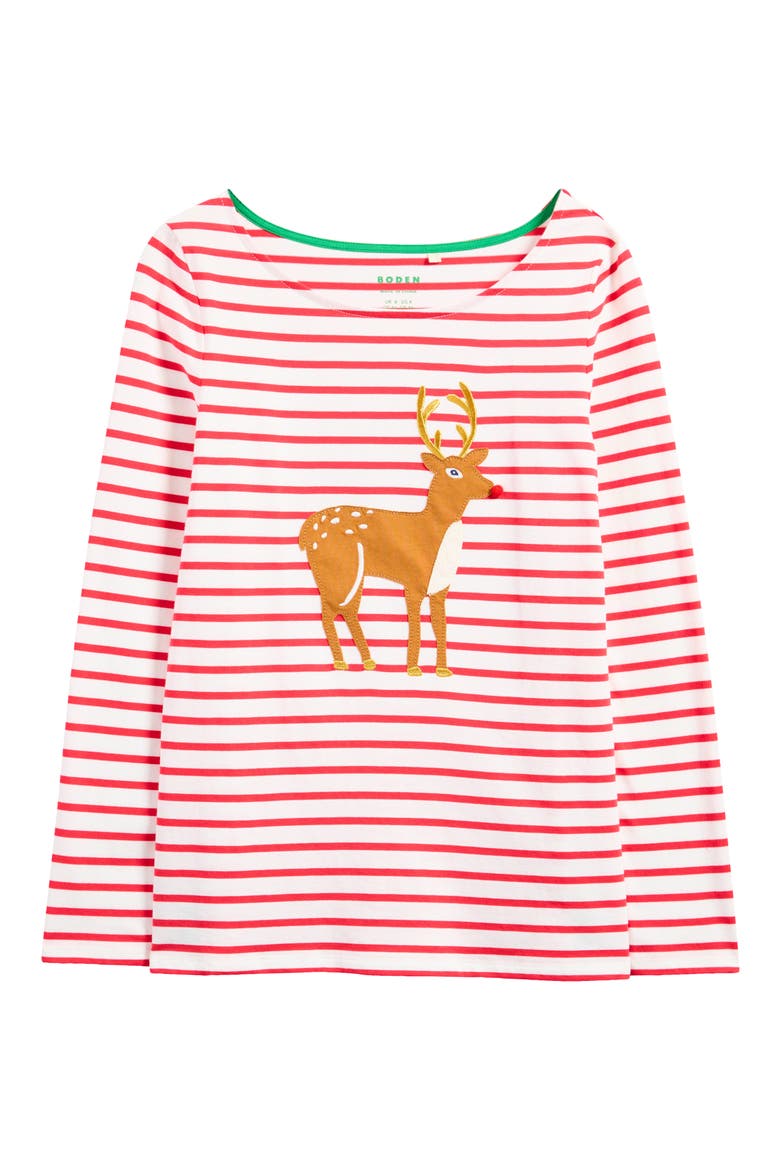 Ella Stripe Appliqué Cotton T-Shirt, Alternate, color, RED REINDEER STRIPE