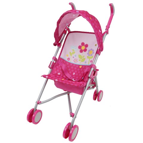 Garden Doll Stroller W/ Retractable Canopy, Safety Harness, Storage Basket