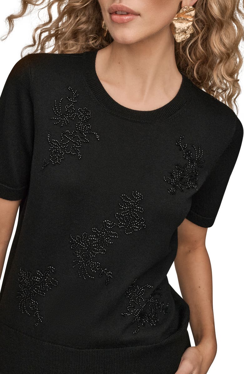 Donna Karan New York Floral Embellished Merino Wool Knit Top, Alternate, color, Black