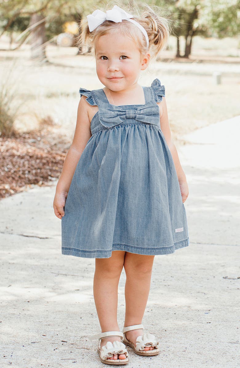 RuffleButts Flutter Sleeve Bow Dress, Alternate, color, Denim