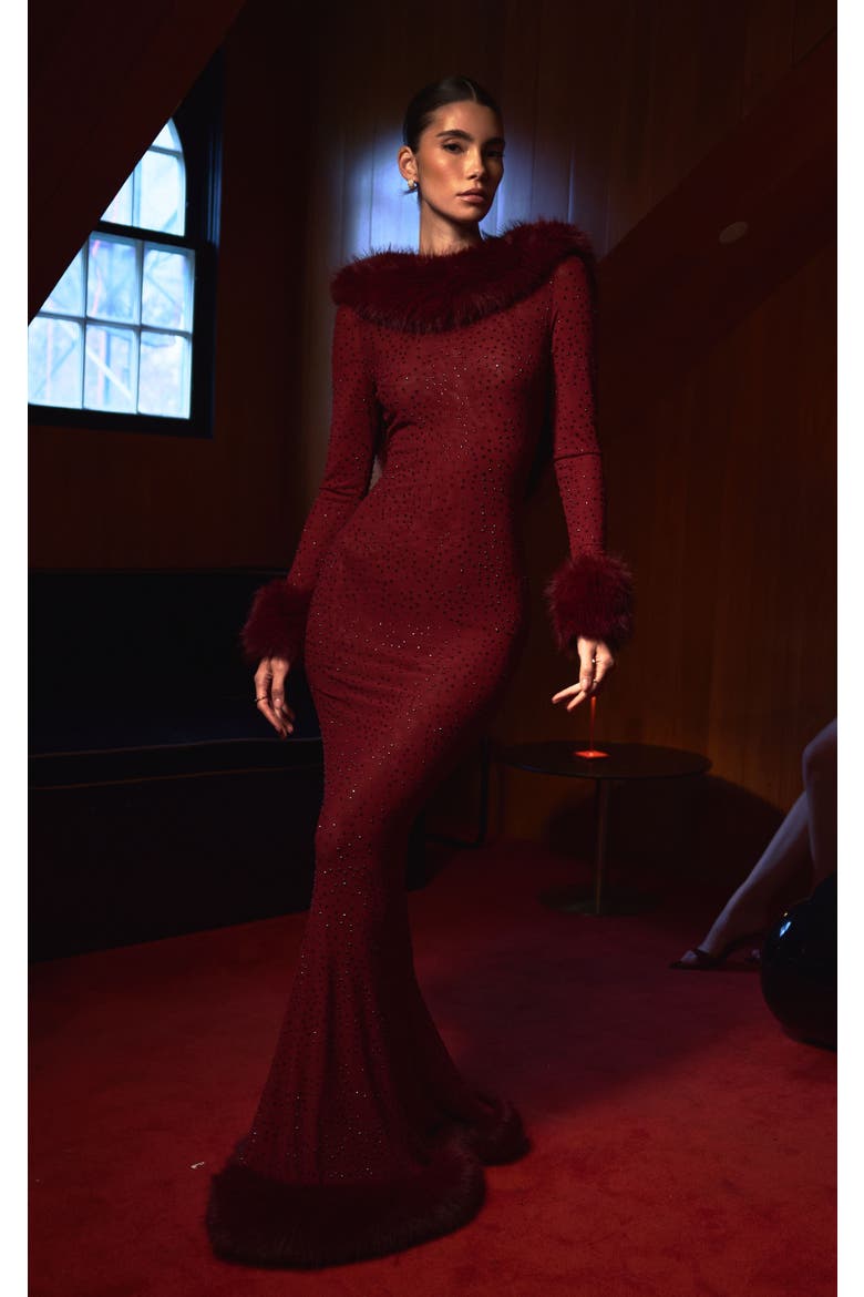Melrose Petite-Length Rhinestone Mesh Low Back Mermaid Dress, Alternate, color, Burgundy
