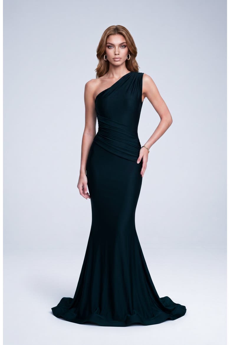 One Shoulder Ruched Mermaid Evening Gown, Alternate, color, Black