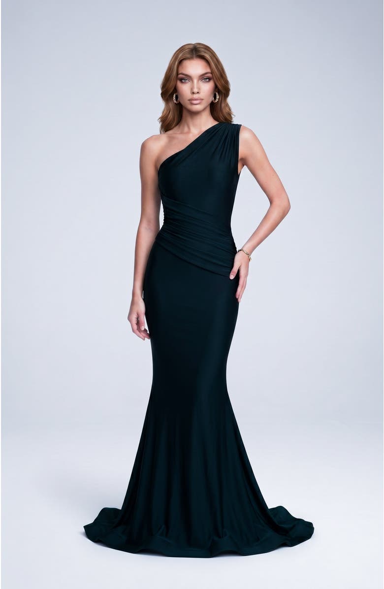 Jessica Angel One Shoulder Ruched Mermaid Evening Gown, Alternate, color, Black
