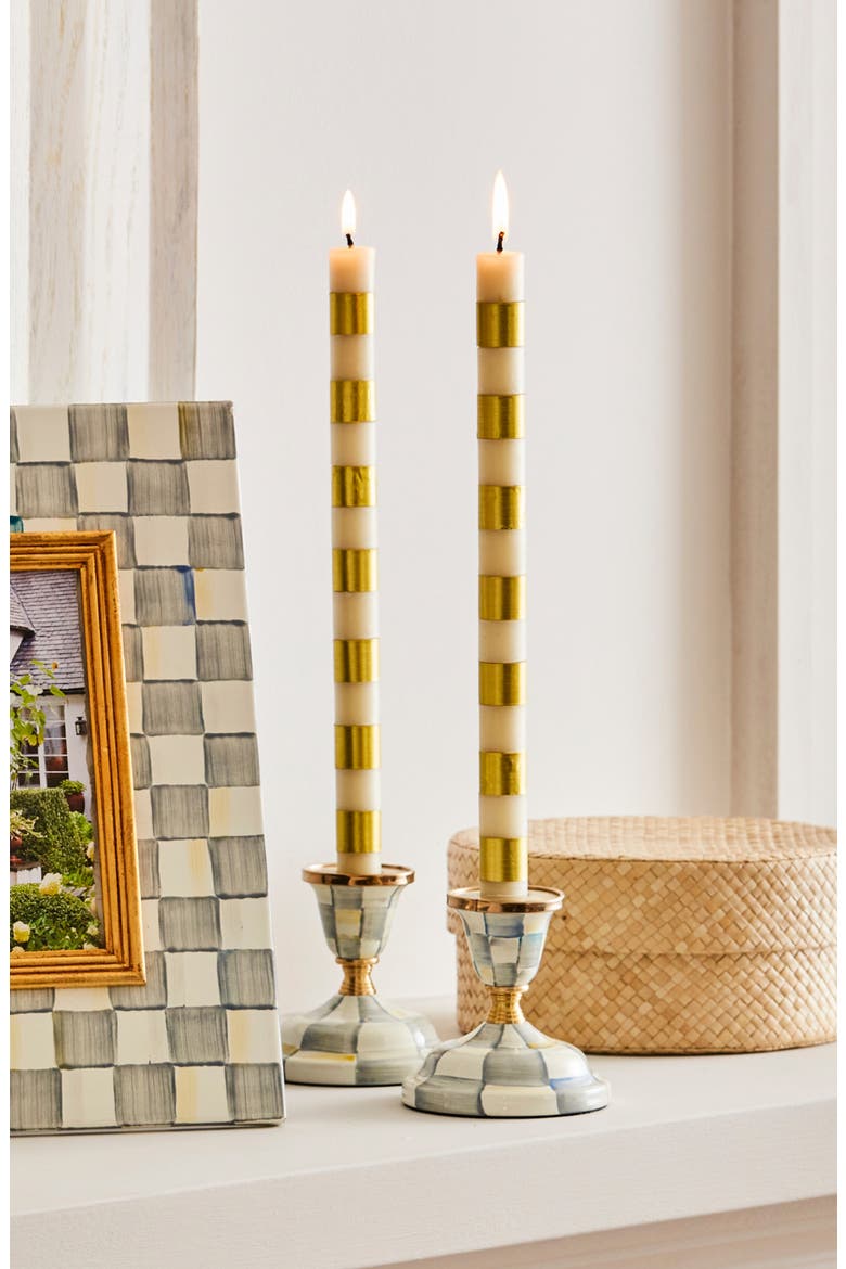 Set of 2 Gold Check Dinner Candles, Alternate, color, GOLD/ IVORY
