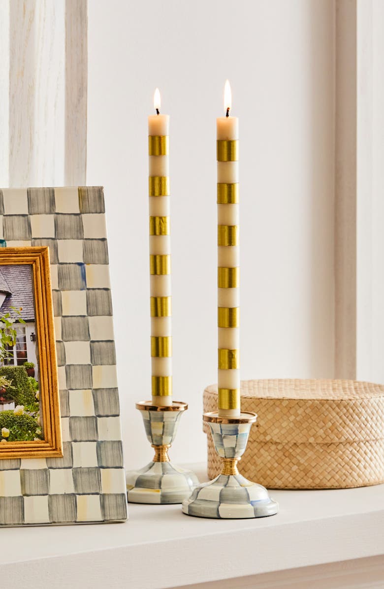 MACKENZIE CHILDS Set of 2 Gold Check Dinner Candles, Alternate, color, Gold/ Ivory