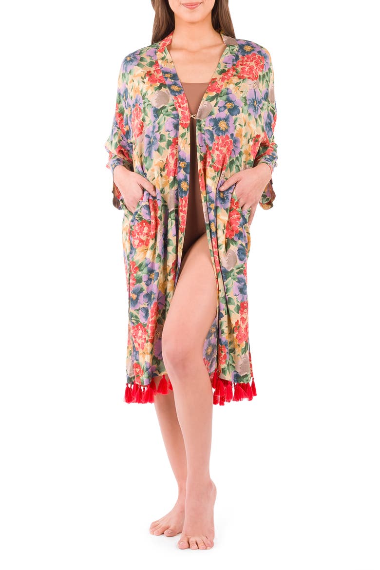 Floral Tassel Trim Short Ruana, Main, color, FRENCH HYDRANGEA