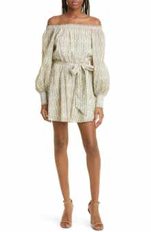 Mary Print Off the Shoulder Long Sleeve Cotton Dress