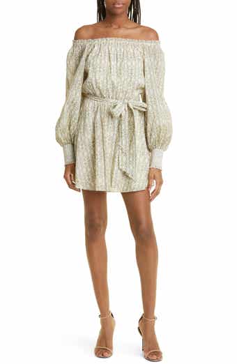 Mary Print Off the Shoulder Long Sleeve Cotton Dress