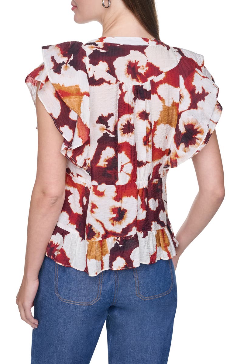 DKNY Flutter Sleeve Floral Print Shirt, Alternate, color, Floral Inkblot