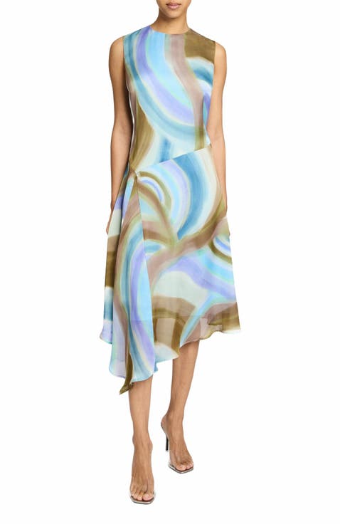 CECILIA Sleeveless Midi Dress with Asymmetrical Hemline in Abstract Swirl Print