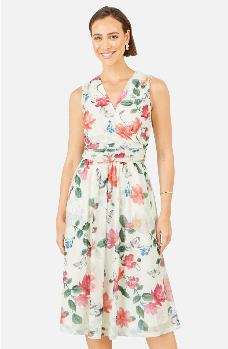 Yumi Floral Print Mesh Stretch Midi Dress, Alternate, color, Ivory