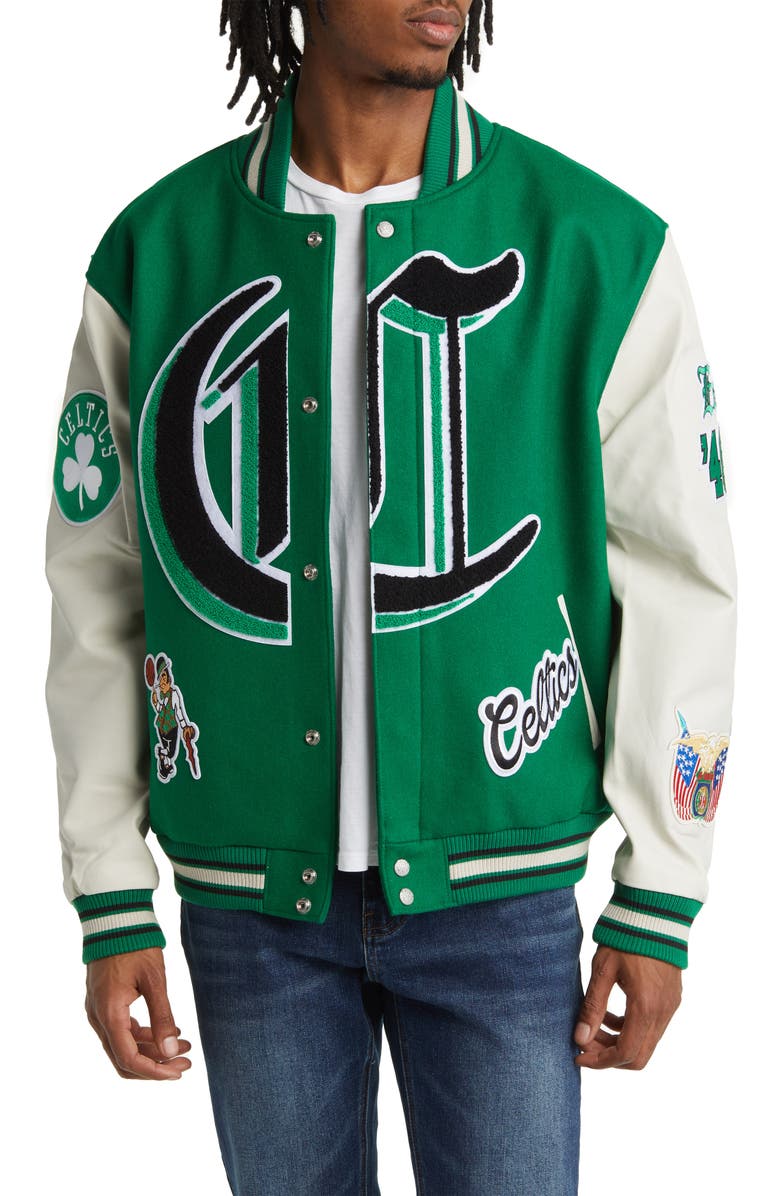 JEFF HAMILTON Boston Celtics Block Letter Wool Blend Varsity Jacket, Main, color,