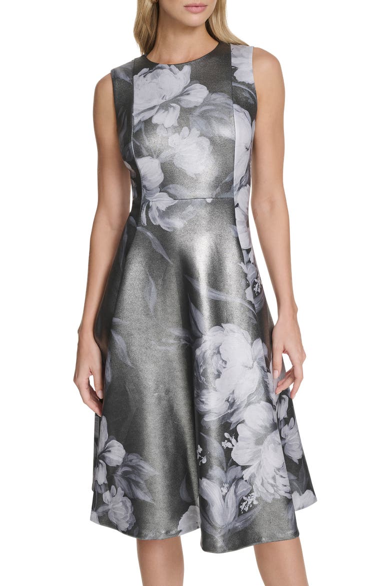 Foil Floral A-Line Dress, Alternate, color, BLACK/ SILVER FOIL