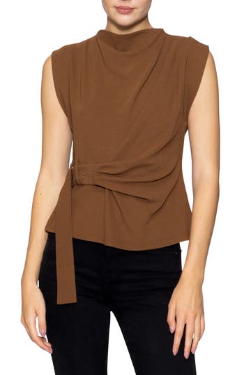 Melloday Buckle Front Extended Sleeve Top In Brown
