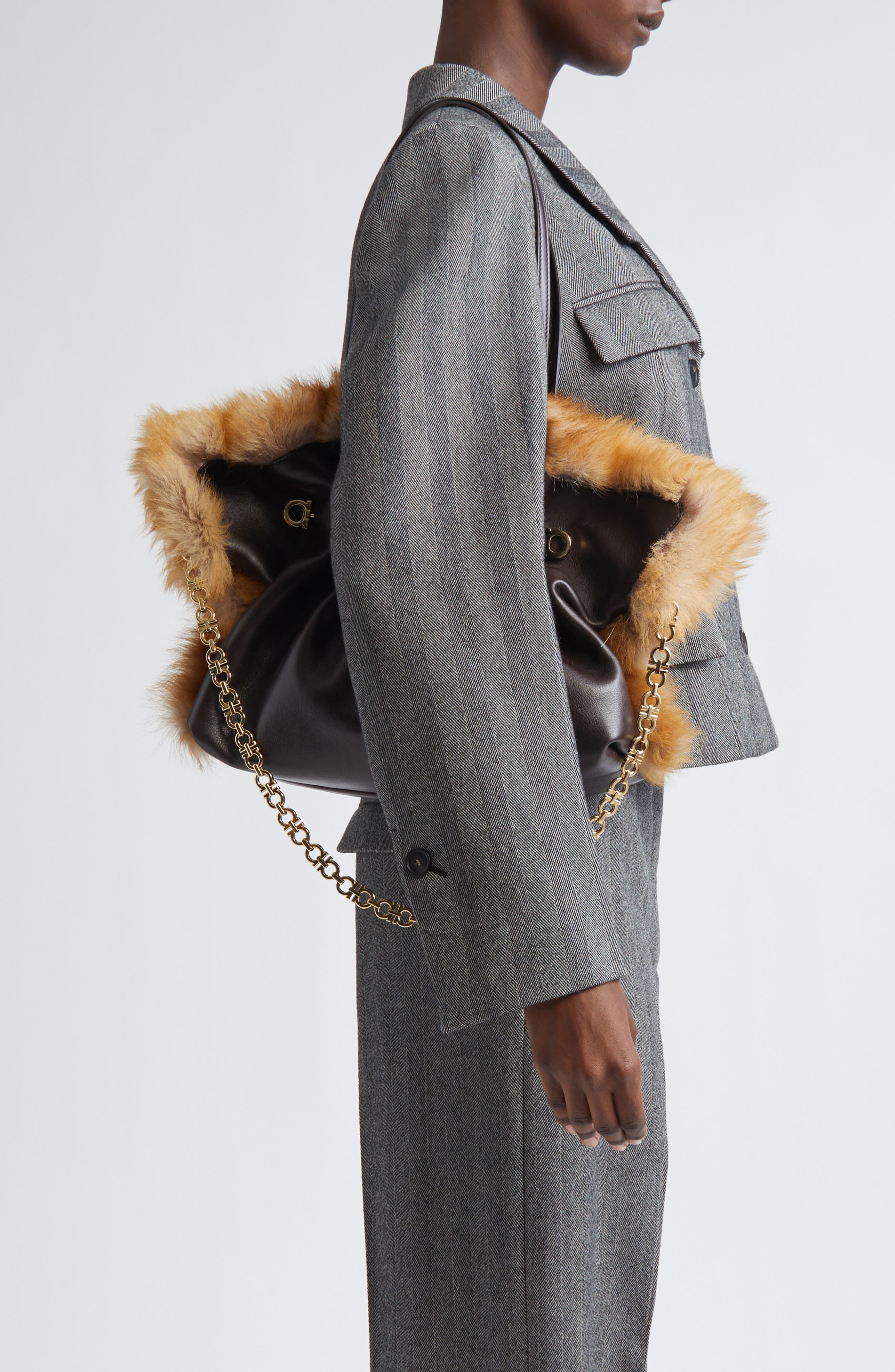 FERRAGAMO Medium Gancio Piercing Soft Leather & Genuine Shearling Shoulder Bag, Alternate, color, Naturale