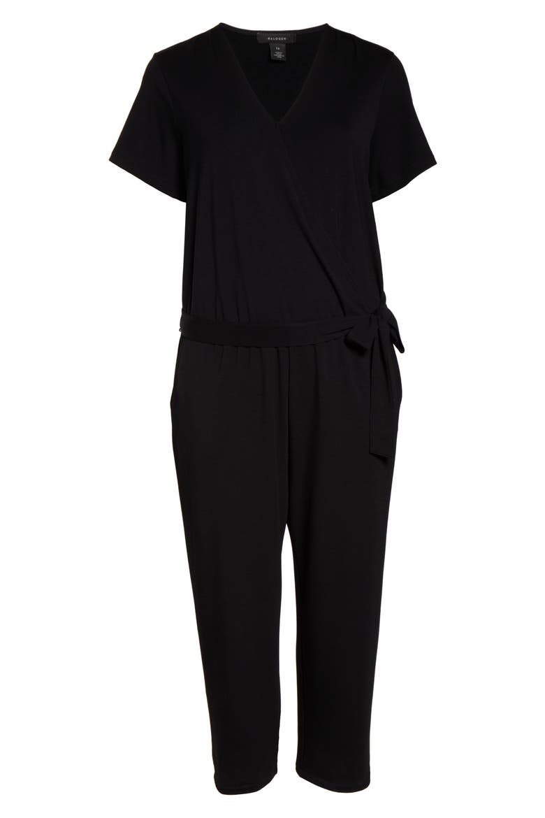 Faux Wrap Knit Jumpsuit, Alternate, color, BLACK