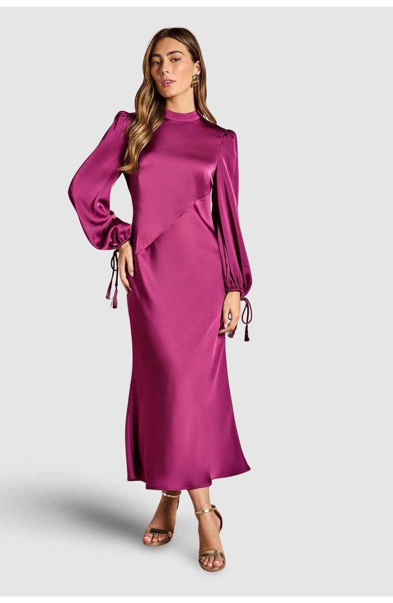 Coast Blouson Sleeve Satin Midi Dress, Main, color, Berry