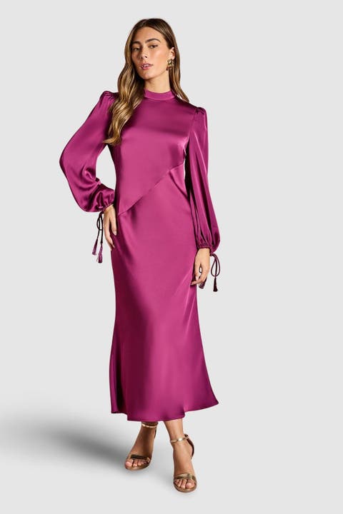 Blouson Sleeve Satin Midi Dress