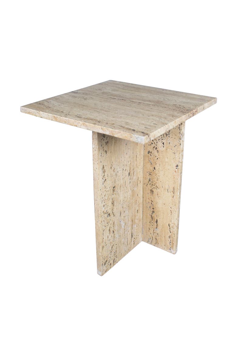 Cecil Modern Square Marble End Table with Cross Base, Solid Stone Accent Side Table for Living Room, Main, color, Travertine