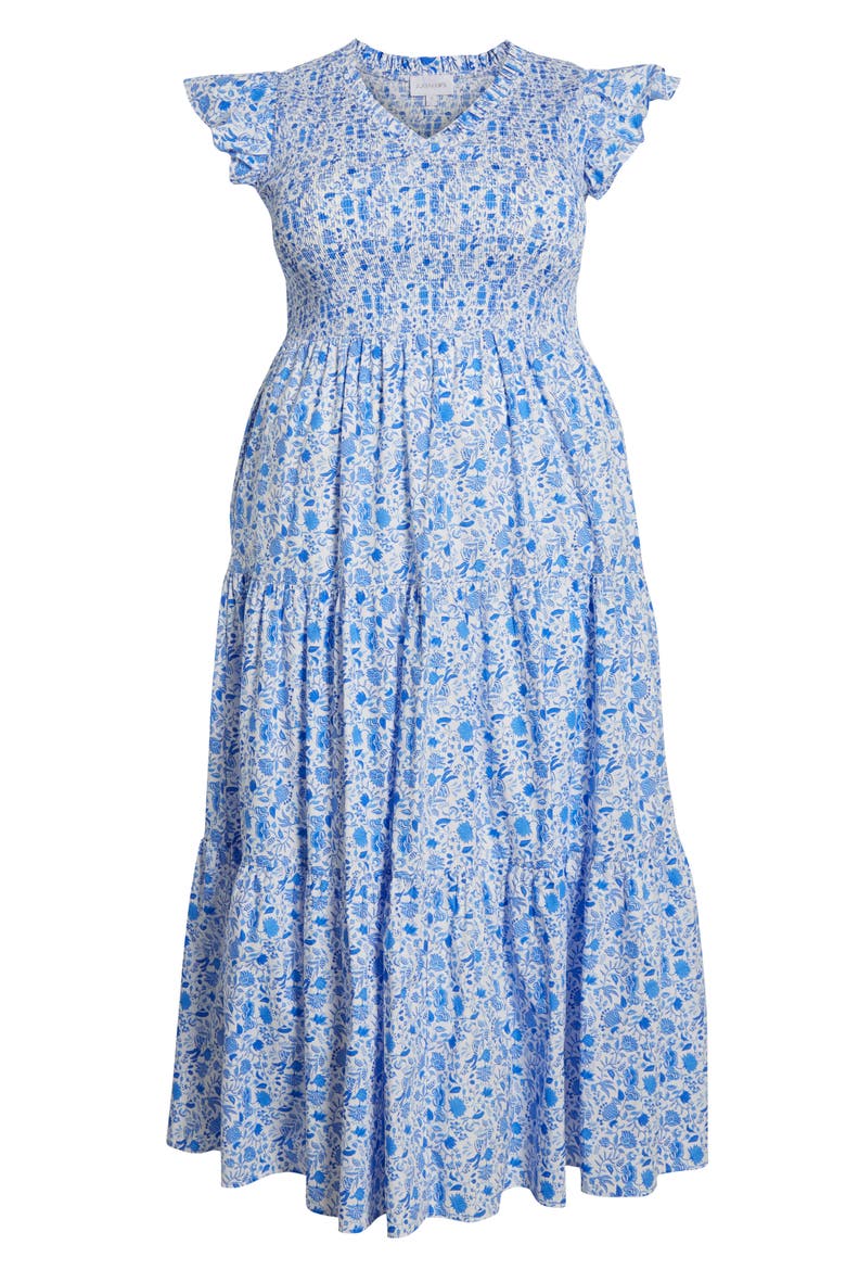 Luray Floral Sunfire Smocked Cotton Tiered Maxi Dress, Alternate, color, BLUE/ WHITE